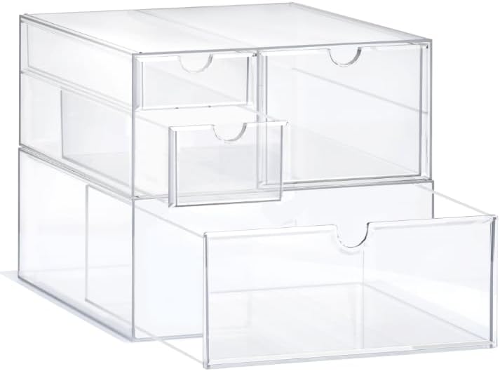 Prsildan Acrylic Drawer Makeup Organizer with 4 Drawers, Set of 2 Office Desk Organizers Accessories, Clear Stackable Storage Drawers for Vanity, Countertop, Craft, Jewelry, Art Supply Organization