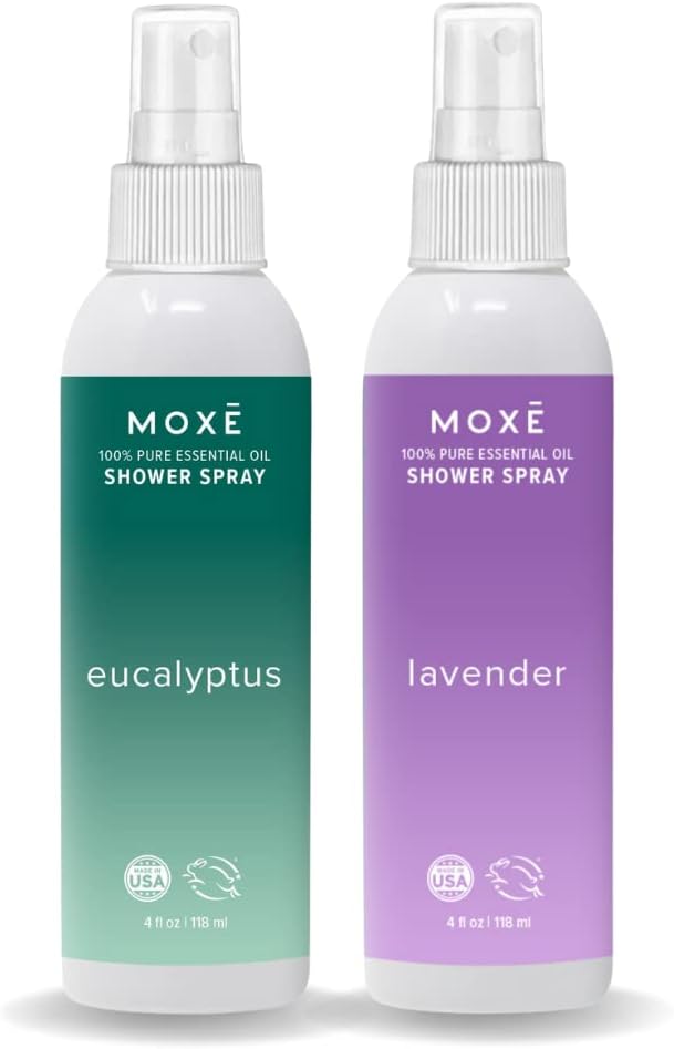 MOXE Shower Mist, Spa Steam Spray, Certified Natural Essential Oils, Aromatherapy, Calming Relief (Lavander and Eucalyptus, 4 Fl Oz (Pack of 2))