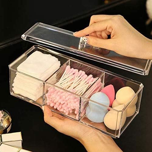Square Acrylic Cotton Ball Pads Gauze Swab Holder Organizer Q-tip Dispenser Storage Canister Bathroom Container Flossers Box Case (9.3x3.7x3 in, 1 Tier, 3 Partitions, Transparent)