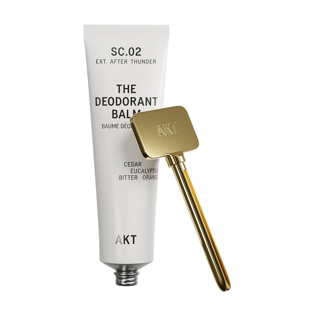 AKT, THE DEODORANT BALM. Award winning, multi-use, natural deodorant. Plastic Free. Gender Free. Aluminium Free. 100% effective — 1 tube lasts up to 3 months. SC.02 AFTER THUNDER. 50ml/1.76 FL.OZ