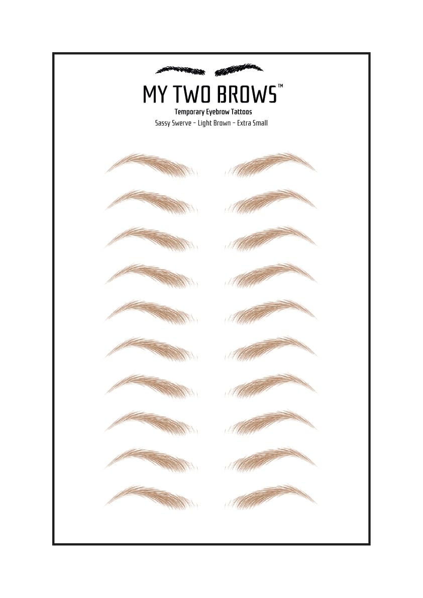 (10 pairs) Light Brown Temporary Eyebrow Tattoo - Extra Small Size - Waterproof & Smudgeproof - Sassy Swerve Style Eyebrow Stickers - Sheet Lasts up to 30 Days - Won't Work on Existing Brows
