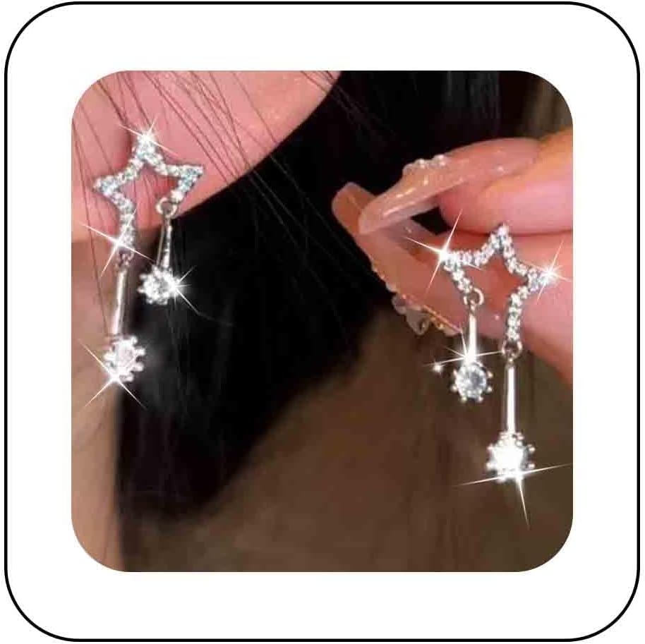 Vintage Crystal Star Earrings Rhinestone Drop Earrings Boho Star Crystal Dangle Earrings Silver Cz Star Stud Earrings Jewelry for Women