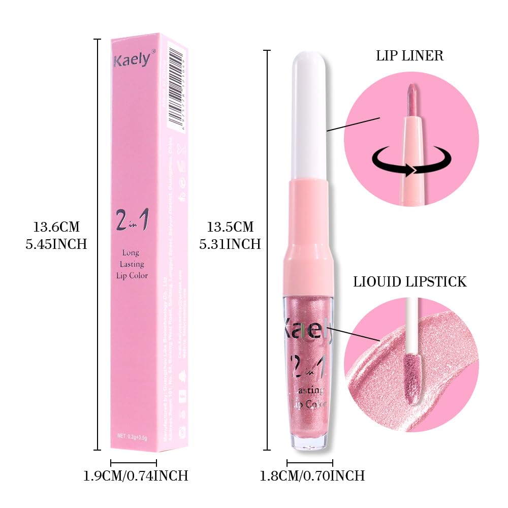 Kaely 2-in-1 Nude Pink Metallic Lipstick and Lip Liner, Shimmer Liquid Metallic Lipsticks for Women, Glitter Lip Gloss Stain Long Lasting Waterproof Smudge Proof 24 Hour, Vegan Makeup, 19