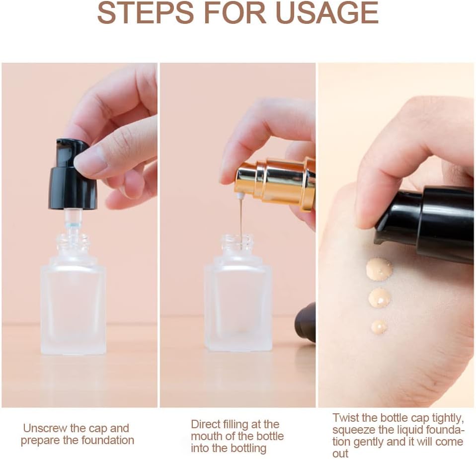 2 Pack 30ml/1oz Empty Frosted Glass Foundation Bottle, Travel Refillable Square Lotion Pump Bottles for Essential Oils Liquid Body Cream Cosmetic Samples Vials