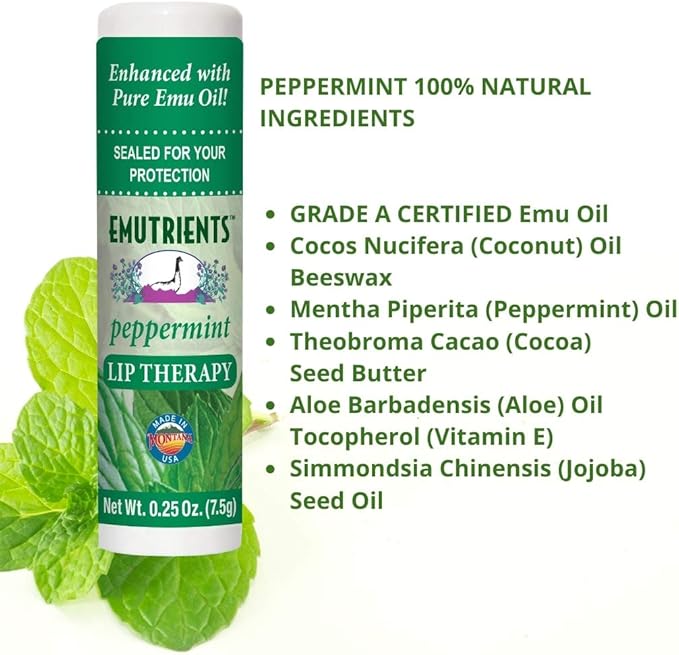 Montana Emu Ranch Natural Lip Balm 0.25 Ounce - Peppermint - Long Lasting Lip Therapy with Emu Oil