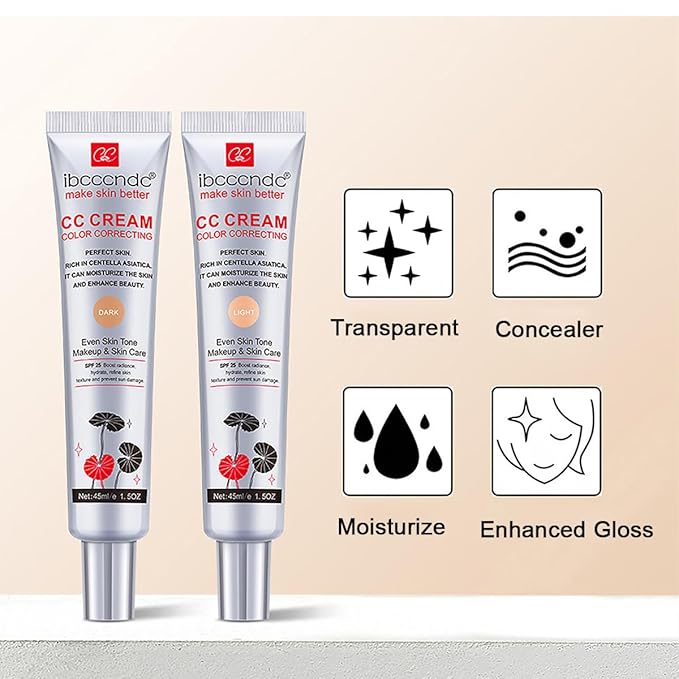 Color Correcting CC Cream with SPF 25,Full-Coverage Foundation,Hydrating Serum,Refine Skin Texture, Avoid Sun Damage (Light, 45 ml)