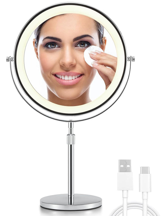 OMIRO 3X/10X Magnifying Makeup Mirror with Lights, 8.5 Inches Double Sided Swivel-Free Vanity Mirror with Height-Adjustable Stand. (Silver)