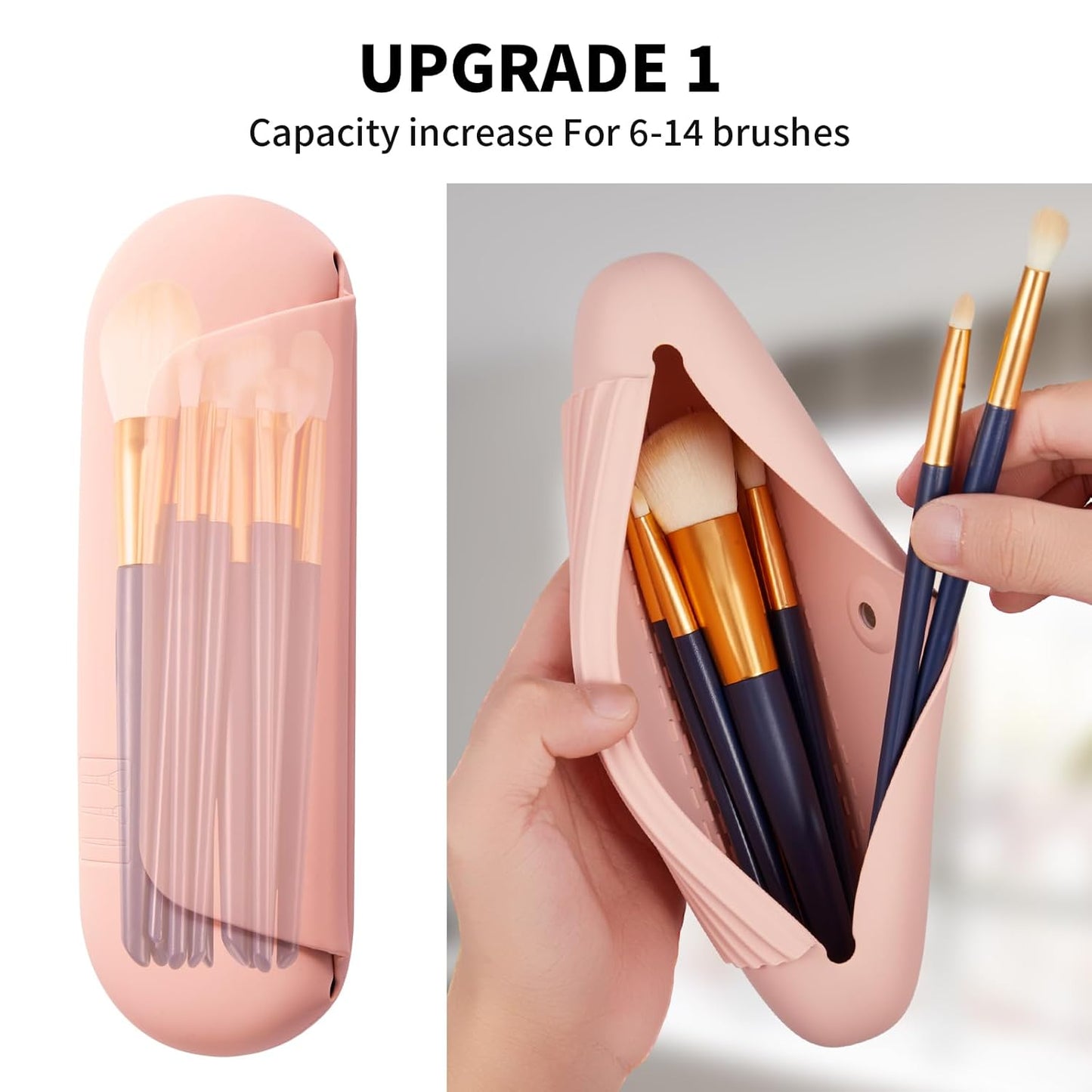Silicone Makeup Brush Holder Travel Cosmetic Bag:Soft Portable Cosmetic Face Brushes Holder with Upgrade Anti-Fall Out Magnetic Closure, Large Travel Makeup Brush Case - Pink Sand