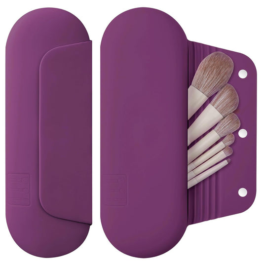 Silicone Makeup Brush Holder Travel Cosmetic Bag:Soft Portable Cosmetic Face Brushes Holder with Upgrade Anti-Fall Out Magnetic Closure, Large Travel Makeup Brush Case - Dark Pruple
