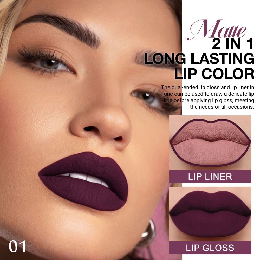 Kaely 2-in-1 Matte Lipstick and Lip Liner, Liquid Lip Stain Makeup for women Long Lasting Waterproof Smudge Proof, labiales matte mate larga duracion listip 24 hours originales, 01 Dark Plum Purple