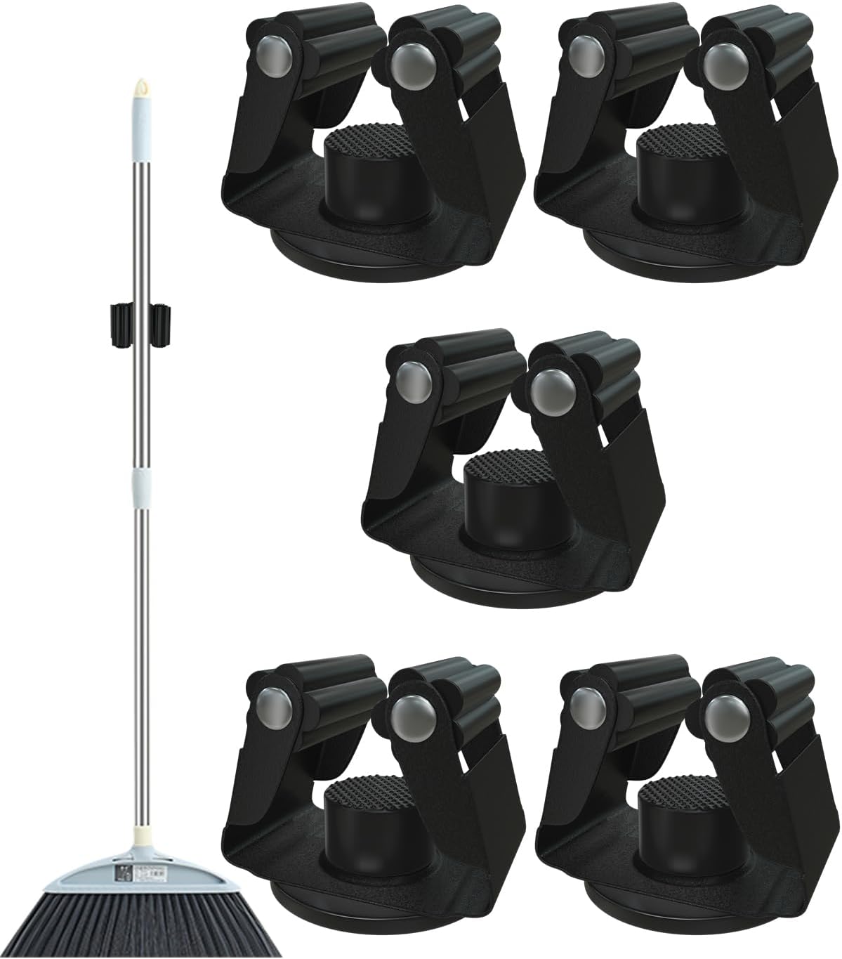 Magnetic Broom Holder, Steel Mop Mount No Drilling Magnetic Holder for Garage Tools, Anti-Slip Utility Mount for Garage, Kitchen, Laundry Tools Organizer and Management - 5 Pack/Black