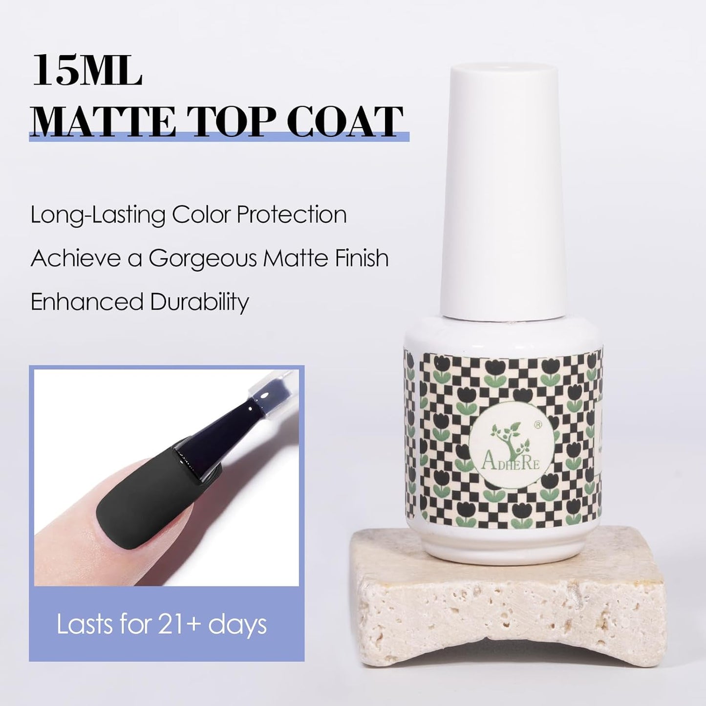 ADHERE Matte Gel Top Coat 15ML,No Wipe Matte Top Coat Soak Off LED Nail Lamp Gel Nail Polish Matte Finish,Long-lasting for Nail Art DIY Home Nail Salon