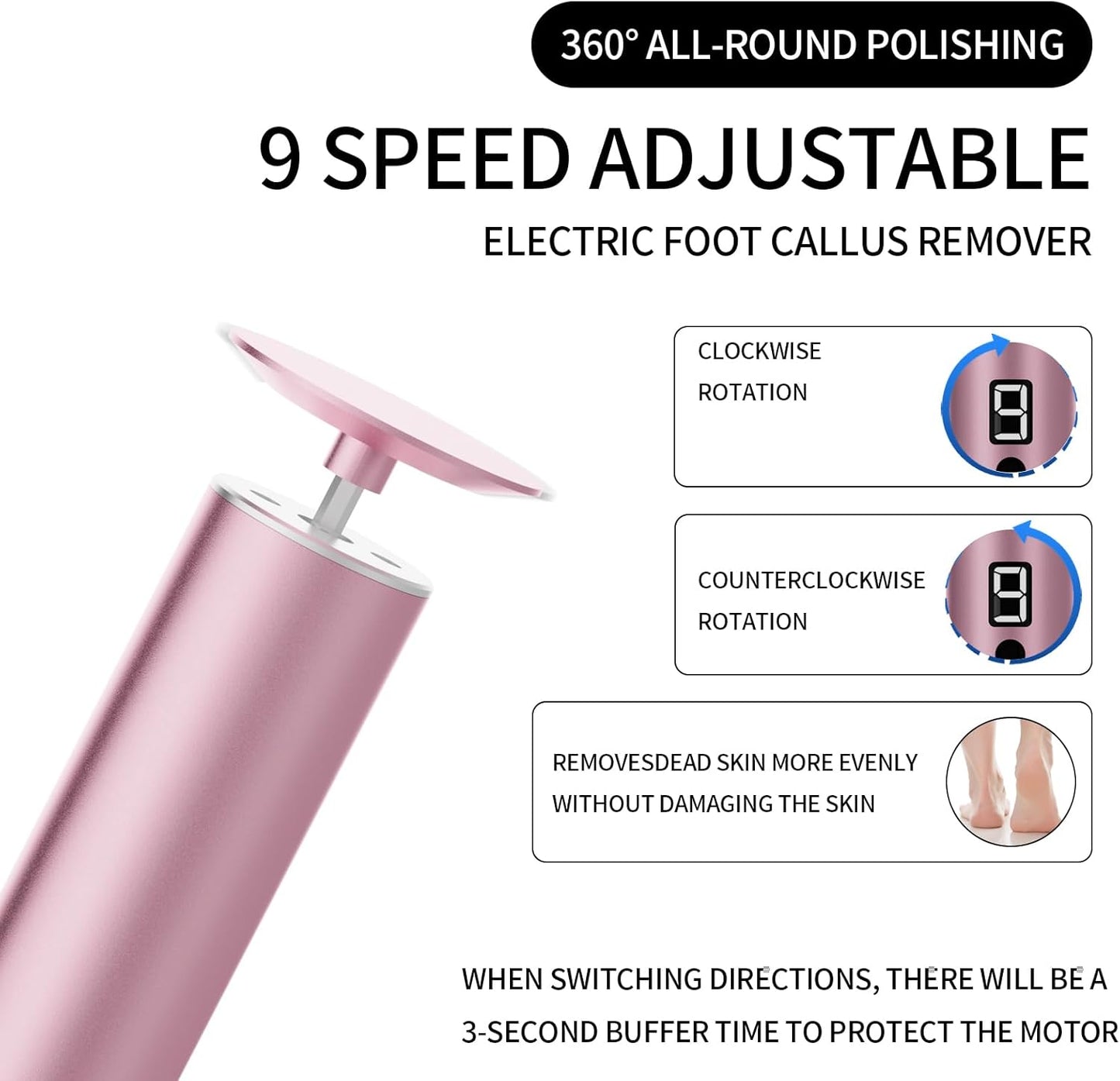 Powerful Electric Foot File & Callus Remover - Over 1-Hour Continuous Use, 360° Rotating Grinder, Foot Drill & Sander, 1200mAh Rechargeable Cordless Pedicure Tool,Foot Grinder(Pink)