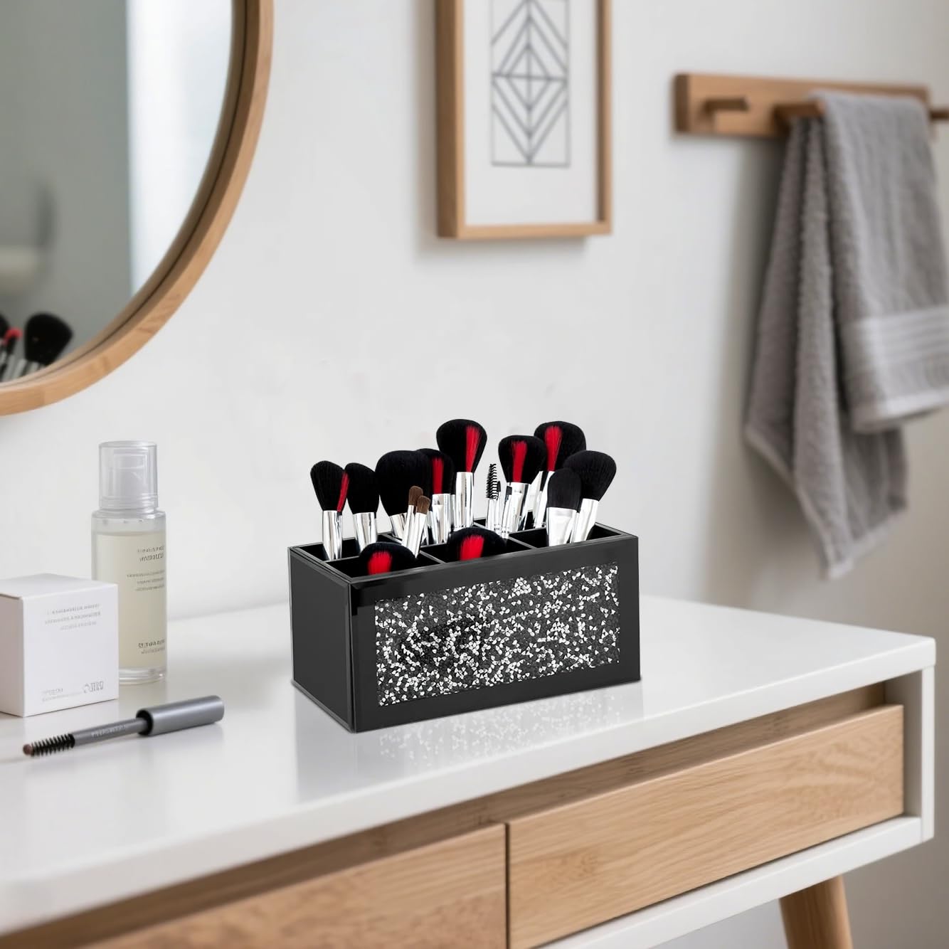 SHYFOY Black Makeup Brush Holder Organizer, 6 Slots Glass Makeup Cosmetics Organizers and Storage for Vanity Countertop