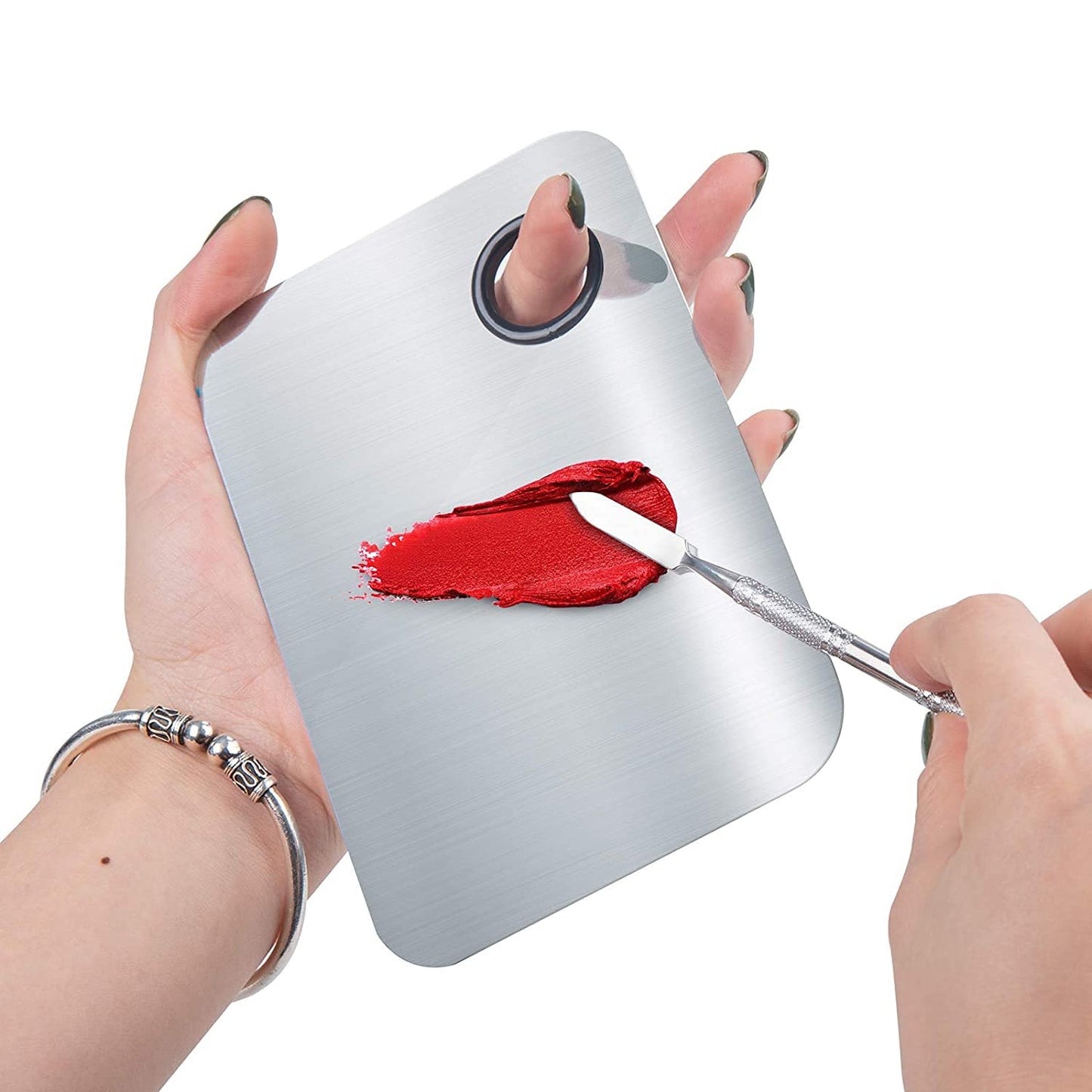 Makeup Mixing Palette, Upgrad Stainless Steel Metal Foundation Palette with Spatula Artist Tool for Mixing Foundation Nail-Art, Size 4.5x2.9 in(2 Pcs)