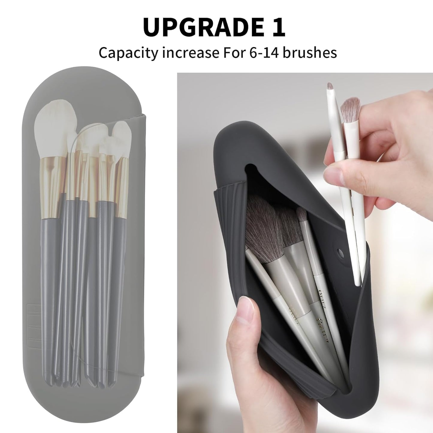 Silicone Makeup Brush Holder Travel Cosmetic Bag:Soft Portable Cosmetic Face Brushes Holder with Upgrade Anti-Fall Out Magnetic Closure, Large Travel Makeup Brush Case - Grey