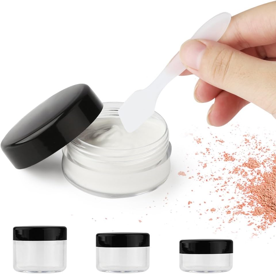 Accmor 15 Pieces Empty Clear Plastic Sample Containers with Lids 10/15/ 20 Gram Size Cosmetic Pots Jars with 5 Pieces Mini Spatulas