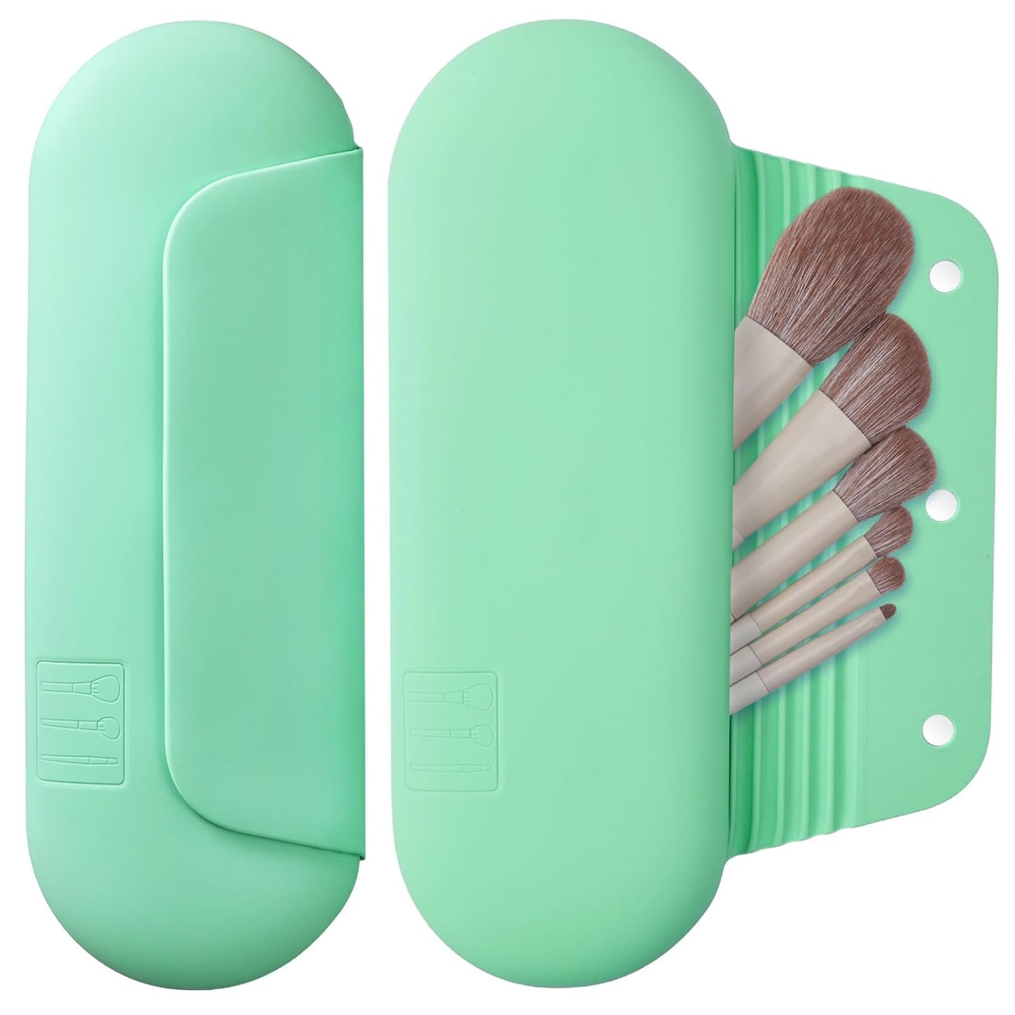 Silicone Makeup Brush Holder Travel Cosmetic Bag:Soft Portable Cosmetic Face Brushes Holder with Upgrade Anti-Fall Out Magnetic Closure, Large Travel Makeup Brush Case - Green