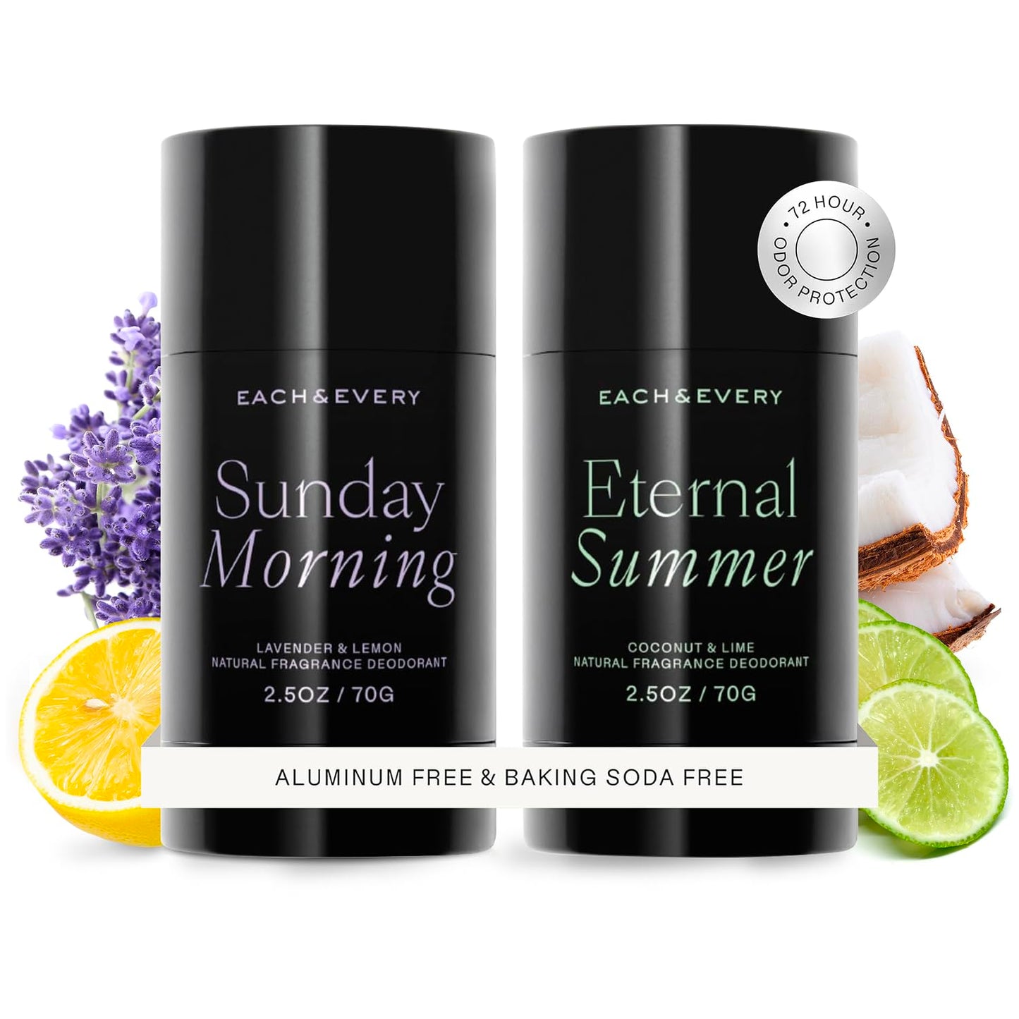 Each & Every Aluminum Free Deodorant for Women & Men, Lavender & Lemon + Coconut & Lime - All Natural Deodorant for Sensitive Skin, EWG Verified - Clean, Baking Soda-Free, Plant-Based - 2.5oz, 2 Pack