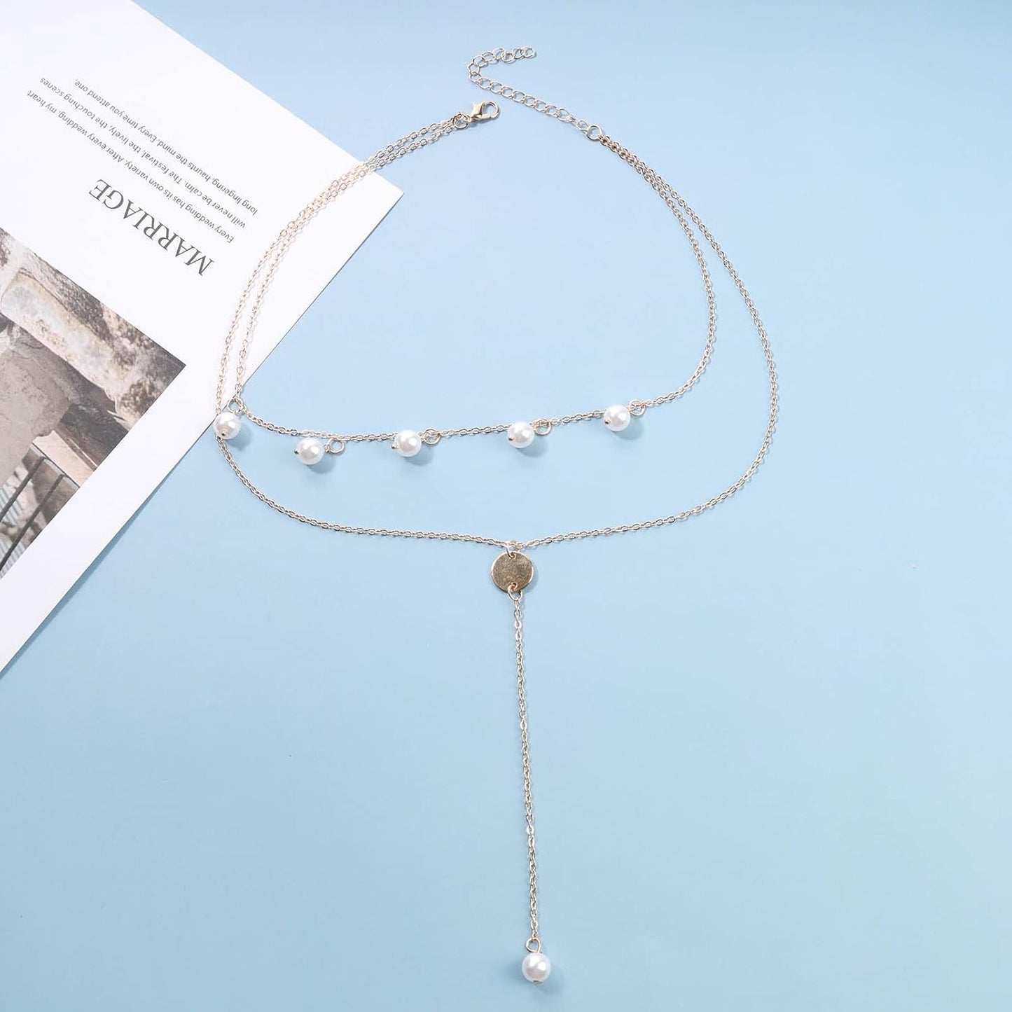 Boho Layered Disc Pearl Necklace Gold Coin Pendant Necklace Long Y Lariat Necklace Chain Vintage Pearl Dangle Chain Necklace Jewelry for Women and Girls Gifts