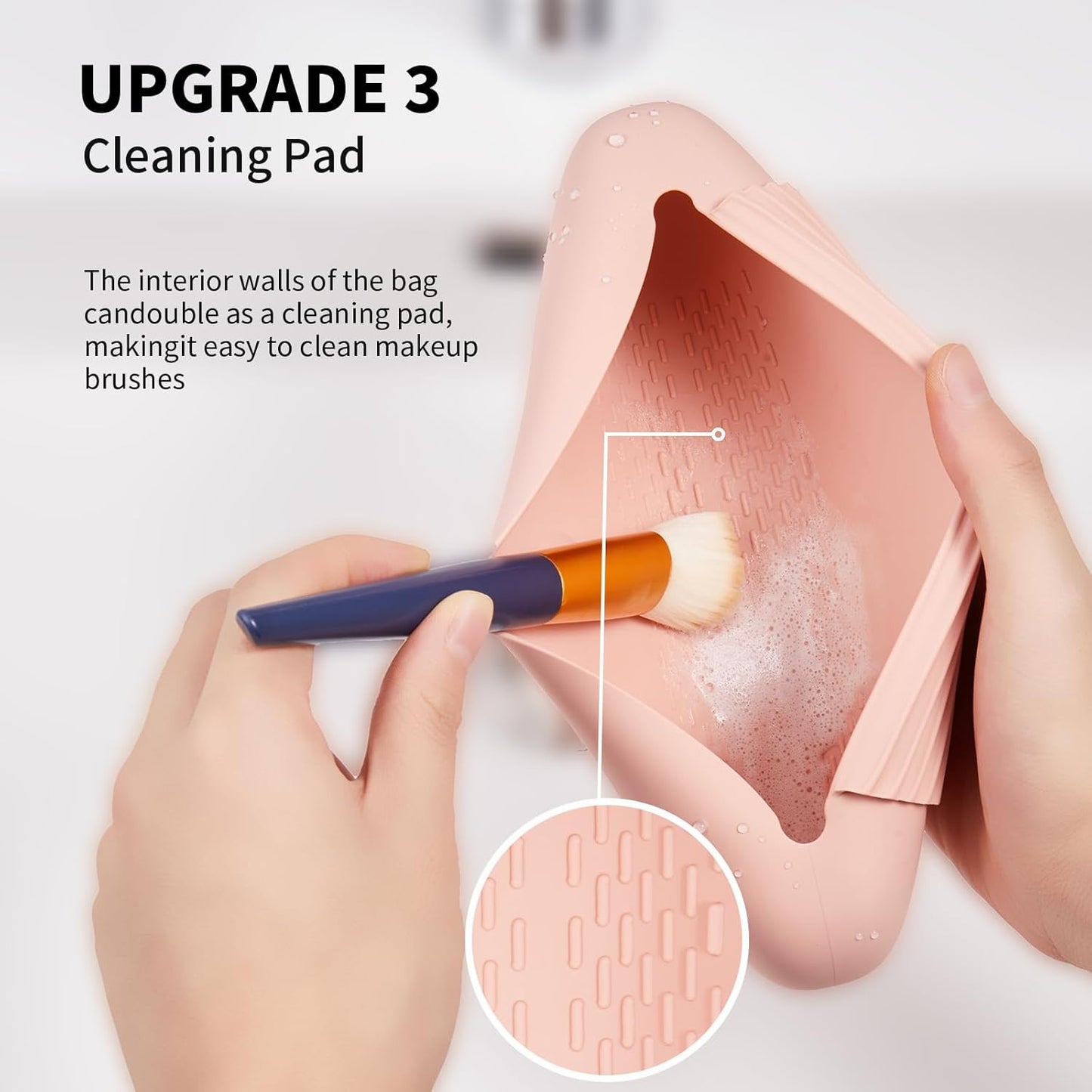 Silicone Makeup Brush Holder Travel Cosmetic Bag:Soft Portable Cosmetic Face Brushes Holder with Upgrade Anti-Fall Out Magnetic Closure, Large Travel Makeup Brush Case - Pink Sand