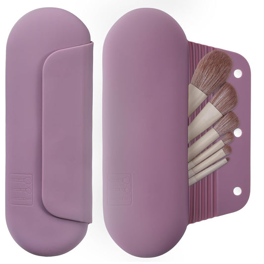 Silicone Makeup Brush Holder Travel Cosmetic Bag:Soft Portable Cosmetic Face Brushes Holder with Upgrade Anti-Fall Out Magnetic Closure, Large Travel Makeup Brush Case - Light Purple