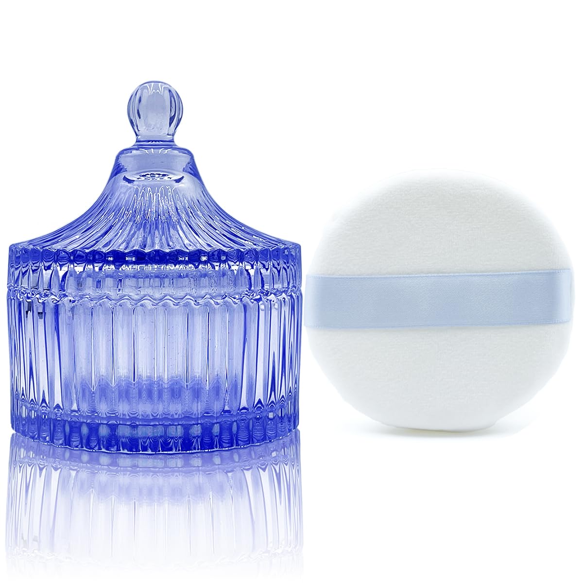 Ultra Soft Powder Puff and Container 3.3" High Density Velvet Dusting Washable Reusable Powder Puff,Body Powder Puff and Glass Jar Holder Loose Powder Box with Puff for Face Makeup(Blue)