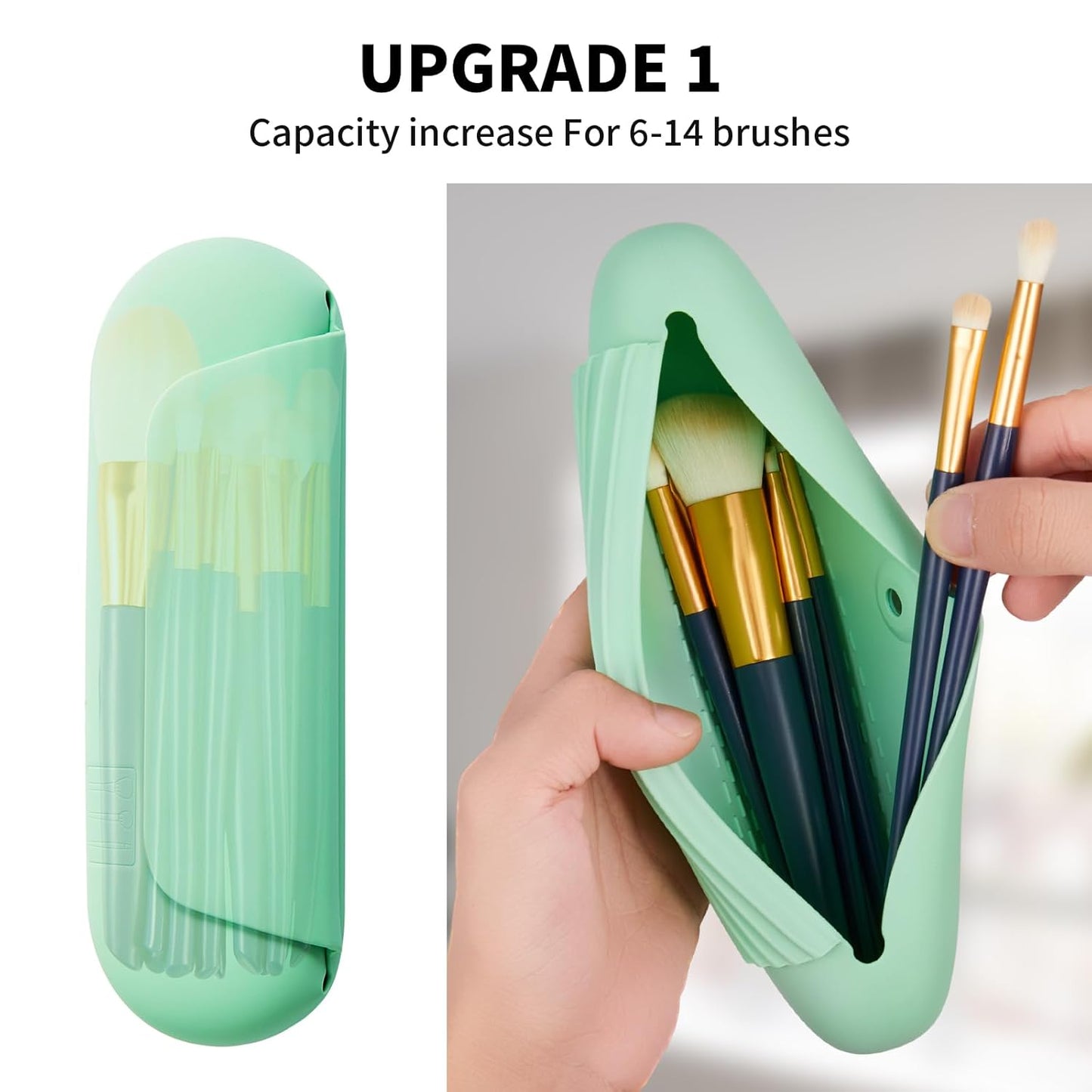 Silicone Makeup Brush Holder Travel Cosmetic Bag:Soft Portable Cosmetic Face Brushes Holder with Upgrade Anti-Fall Out Magnetic Closure, Large Travel Makeup Brush Case - Green