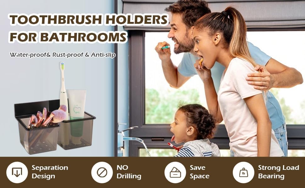Toothbrush Holder Toothpaste Holder with Wall Mount for Family, Metal Frame & Plastic Black Bathroom Organizer Set with Adhere Tape for Bathroom -one Pack