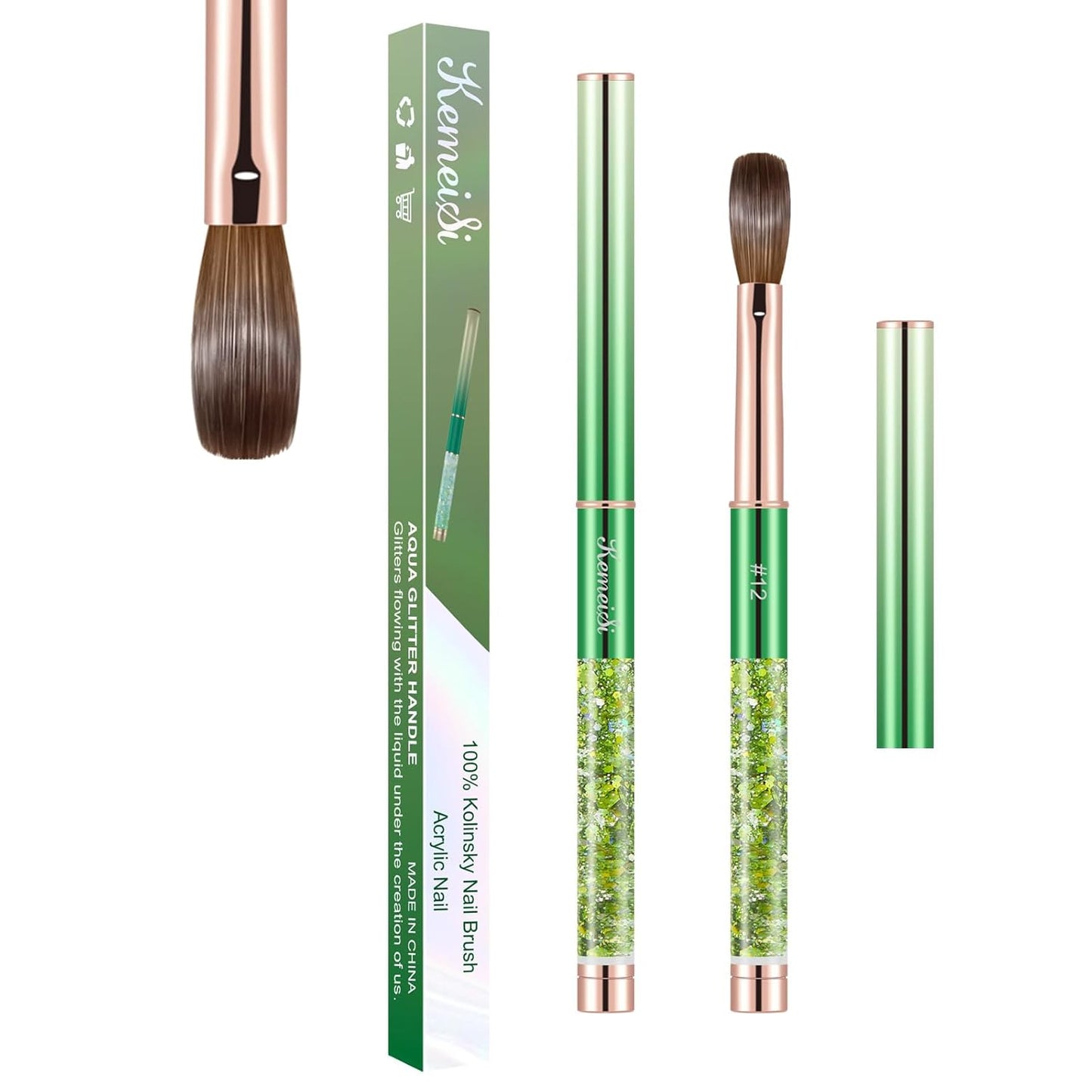 Acrylic Nail Brush Size #12, KEMEISI 100% Pure Kolinsky Nail Art Brushes Sturdy Handle Oval Shaped Acrylic Powder Nail Design Tools for Professional Manicure DIY Home Salon (Green)