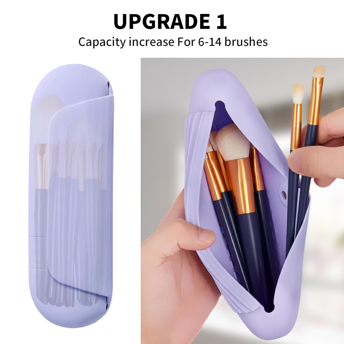 Silicone Makeup Brush Holder Travel Cosmetic Bag:Soft Portable Cosmetic Face Brushes Holder with Upgrade Anti-Fall Out Magnetic Closure, Large Travel Makeup Brush Case - Lavender