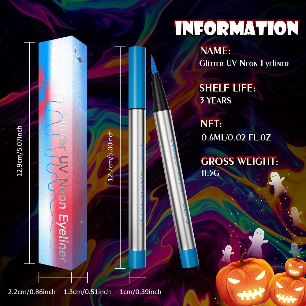 evpct Blue Shimmer Eyeliner UV Neon Gel Eyeliner Pencil Makeup, Rainbow Halloween Colored Colorful Gel Eye Liner Pen Glow in Dark Makeup, Long Lasting Waterproof Eyeliners for Face Body Painting