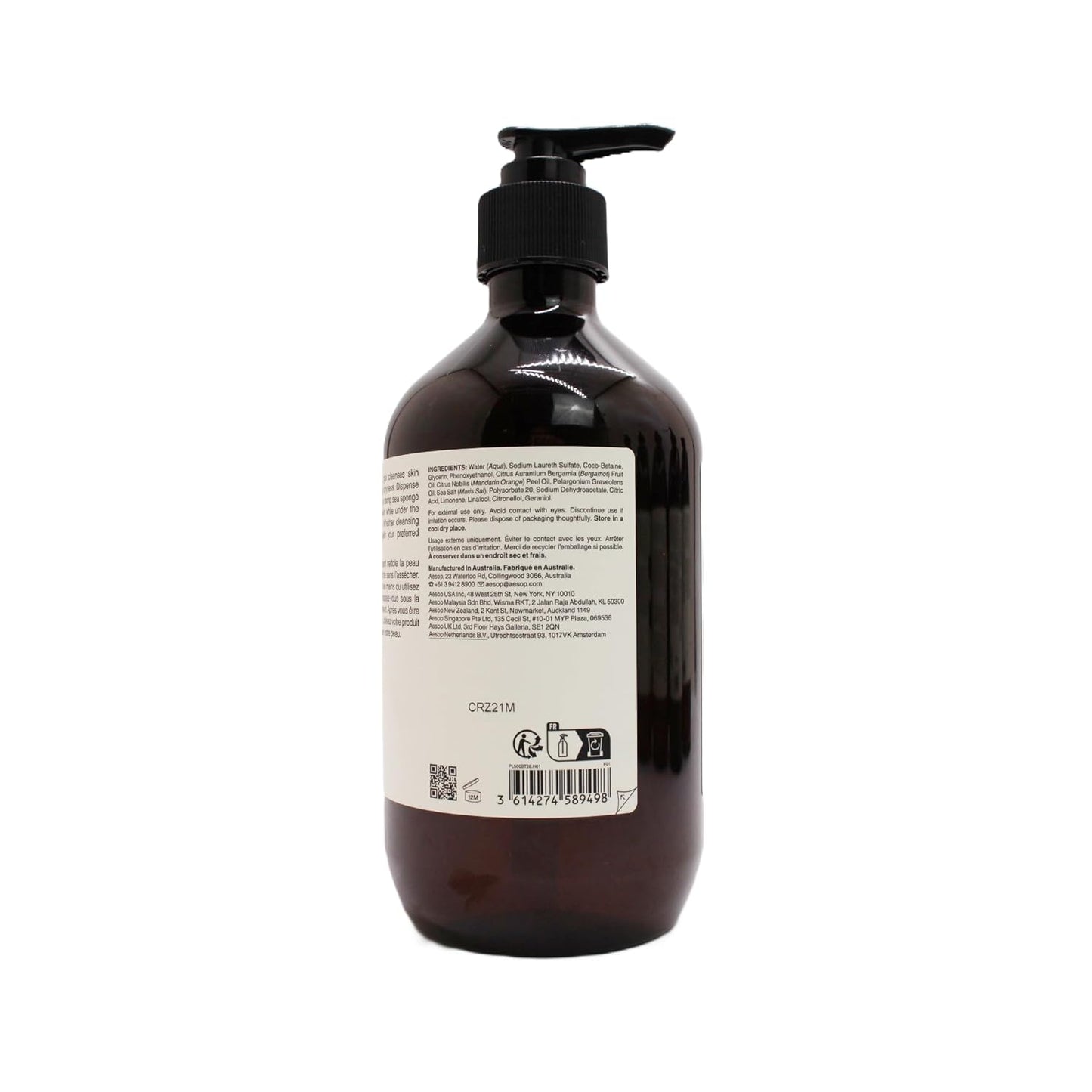 Aesop Geranium Leaf Body Cleanser | For All Skin Types To Cleanse Without Drying Out | Geranium Leaf, Mandarin Rind, Bergamot Rind | 16.9 oz / 500mL