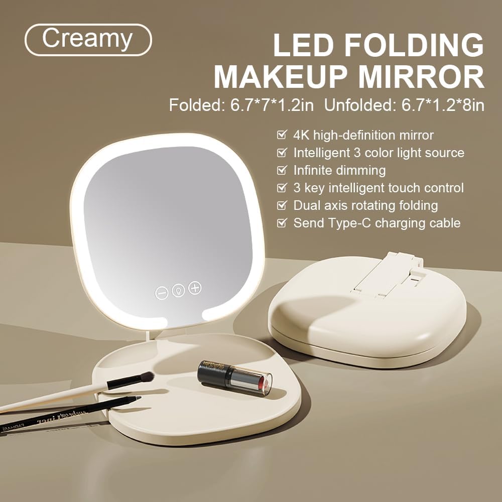 Rechargeable LED Travel Makeup Mirror, 3-Color Lighting, Dimmable Touch Screen, Multi Angle Adjustable, Foldable and Portable Desktop Vanity Mirror with Storage Tray(Creamy)