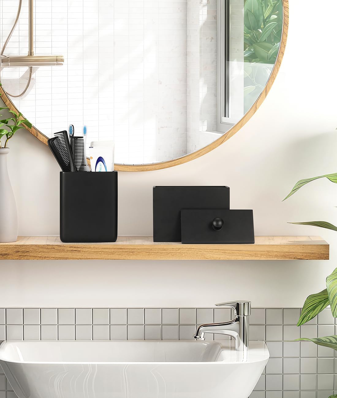 Luxspire Toothbrush Holders, 3 Slots Toothpaste & Toothbrush Holder for Bathroom, Resin Toothbrush Stand, Electric Toothbrush Holder with Drain Hole, Bathroom Organizer Countertop, Matte Black