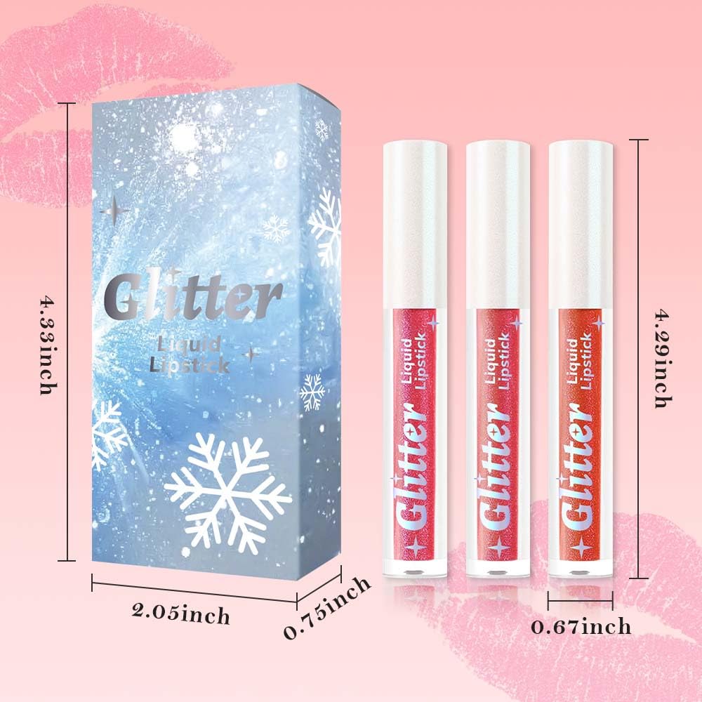 3Pcs Metallic Lipstick for Women,Lightweight Glitter Sparkling Liquid Lipsticks,Shimmer Lip Gloss Stain Long Lasting Waterproof Smudge Proof Non-Drying 24 Hour Full Coverage Lip Makeup,Vegan