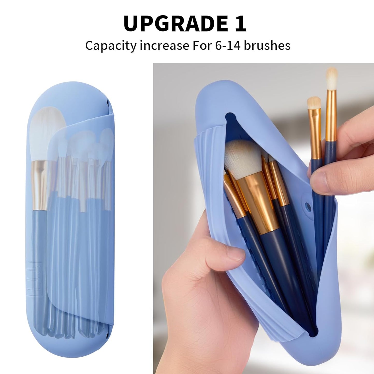 Silicone Makeup Brush Holder Travel Cosmetic Bag:Soft Portable Cosmetic Face Brushes Holder with Upgrade Anti-Fall Out Magnetic Closure, Large Travel Makeup Brush Case - Blue