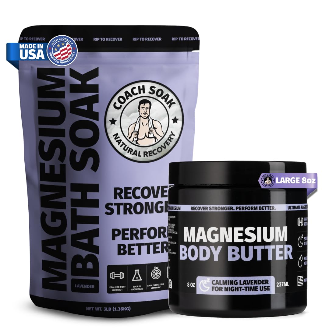Coach Soak Recovery Bath Soak & Nighttime Magnesium Body Butter Bundle - Calming Lavender Scent - 3lb Bath Salts & 8oz Body Cream with Essential Oils, Magnesium & Shea Butter