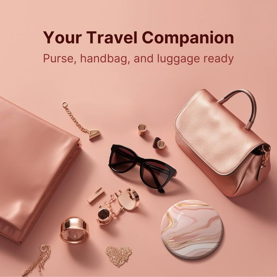 Fancii Taylor LED Lighted Travel Makeup Mirror, Rechargeable, 10x /1x Magnifying, Tru-Glow Lighting System, XL Large 5” Wide | Compact Mirror for Purses (Marble Rose)