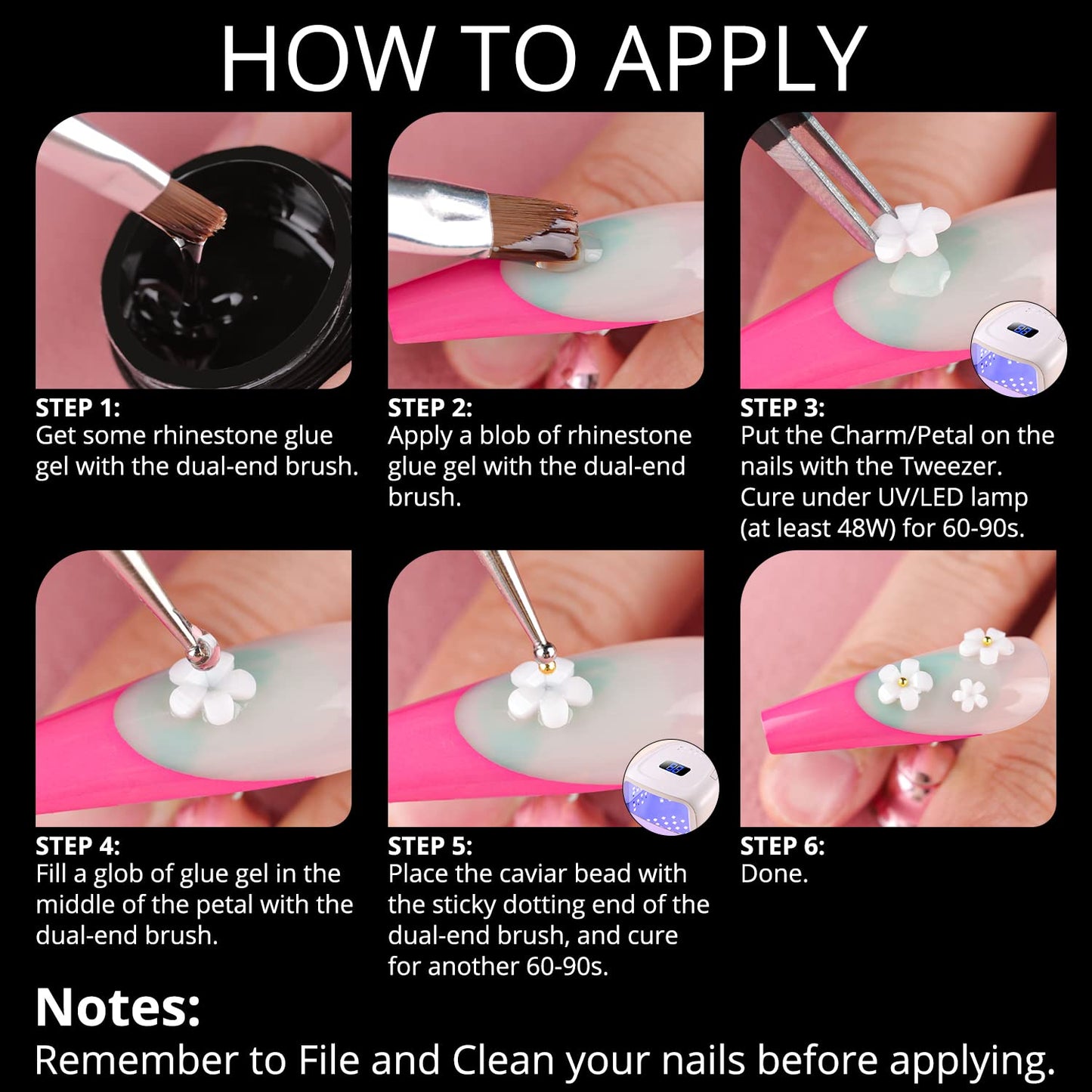 Mixed 3D Nail Art Gem Decoration Accessories Kit #6, Butterfly Starry AB Rhinestone Charm Jewelry for Deco, Pearl Flower Caviar Bead Stone Crystal with Dual-End Brush and Tweezer