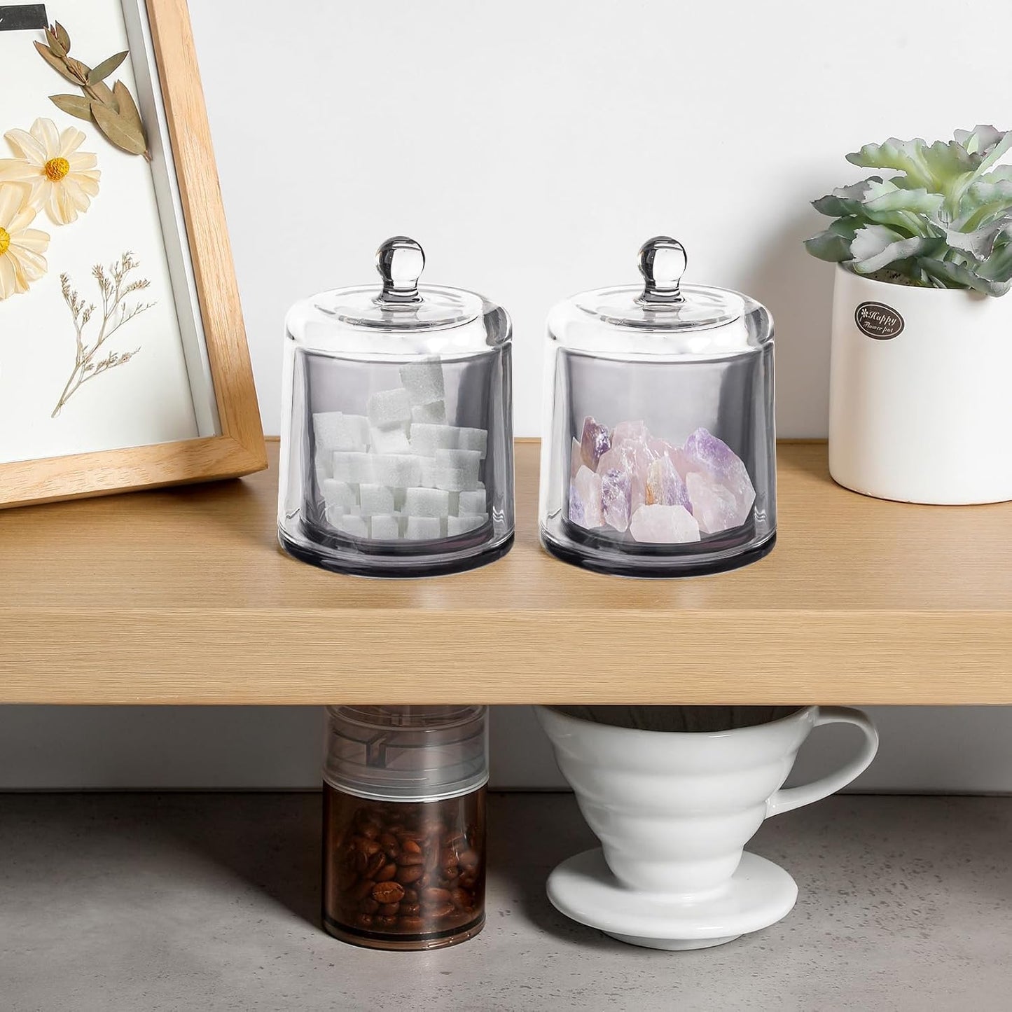 rejomiik 2 Pack Qtip Holder Thick Glass Apothecary Jars with Lid for Bathroom Accessories Vanity Organizers and Makeup Storage for Cotton Ball, Swabs, Makeup Sponges, Candy, Jewelry, Grey