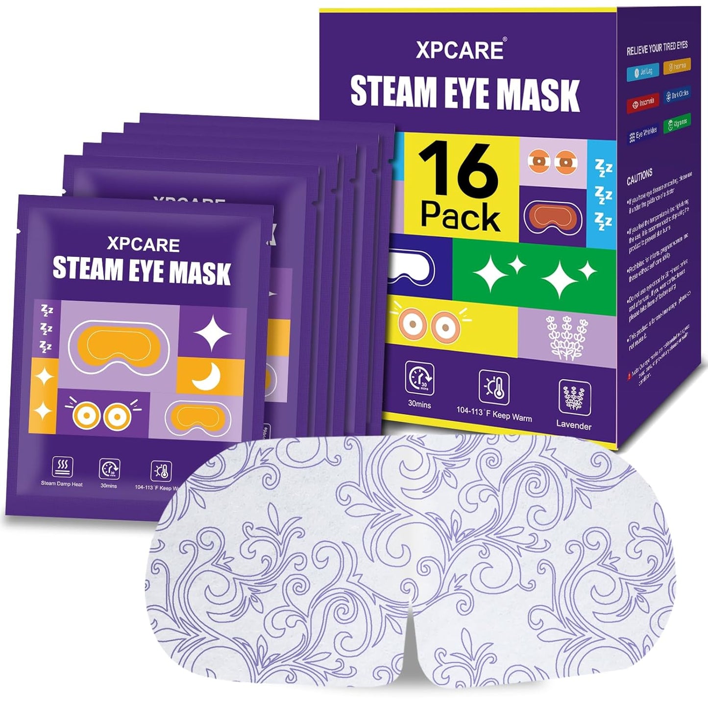 XPCARE 16 Pack Steam Eye Masks for Dry Eyes, Heated Eye Mask Warm Compress for Eyes,Disposable Heated Eye Mask for Dark Circles, Puffy Eyes, Relief Stress Eye Fatigue(Lavender)