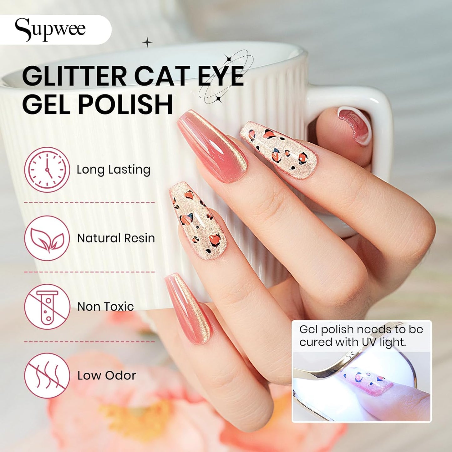 Cat Eye Gel Nail Polish Set,12 Colors Gold Glitter Holographic CatEye Gel Polish with Magnetic Stick,Sliver Brown Pink Red Cat Eye Soak Off UV DIY Home Salon Manicure