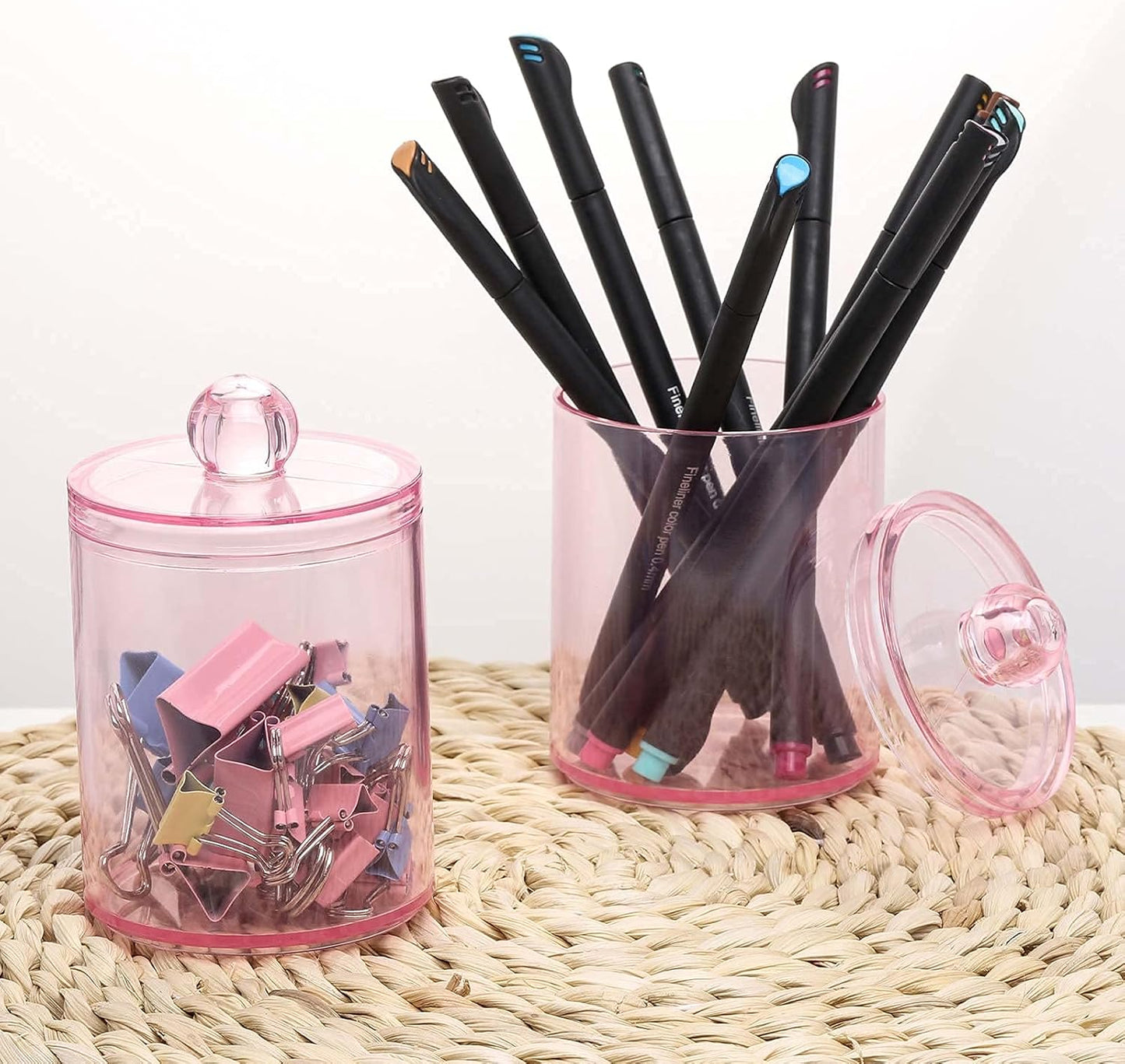 Tbestmax 2 Pack Qtip Holder Bathroom Jars Canisters for Cotton Ball Swab Pad Storage Dispenzer, Pink 10-Ounce