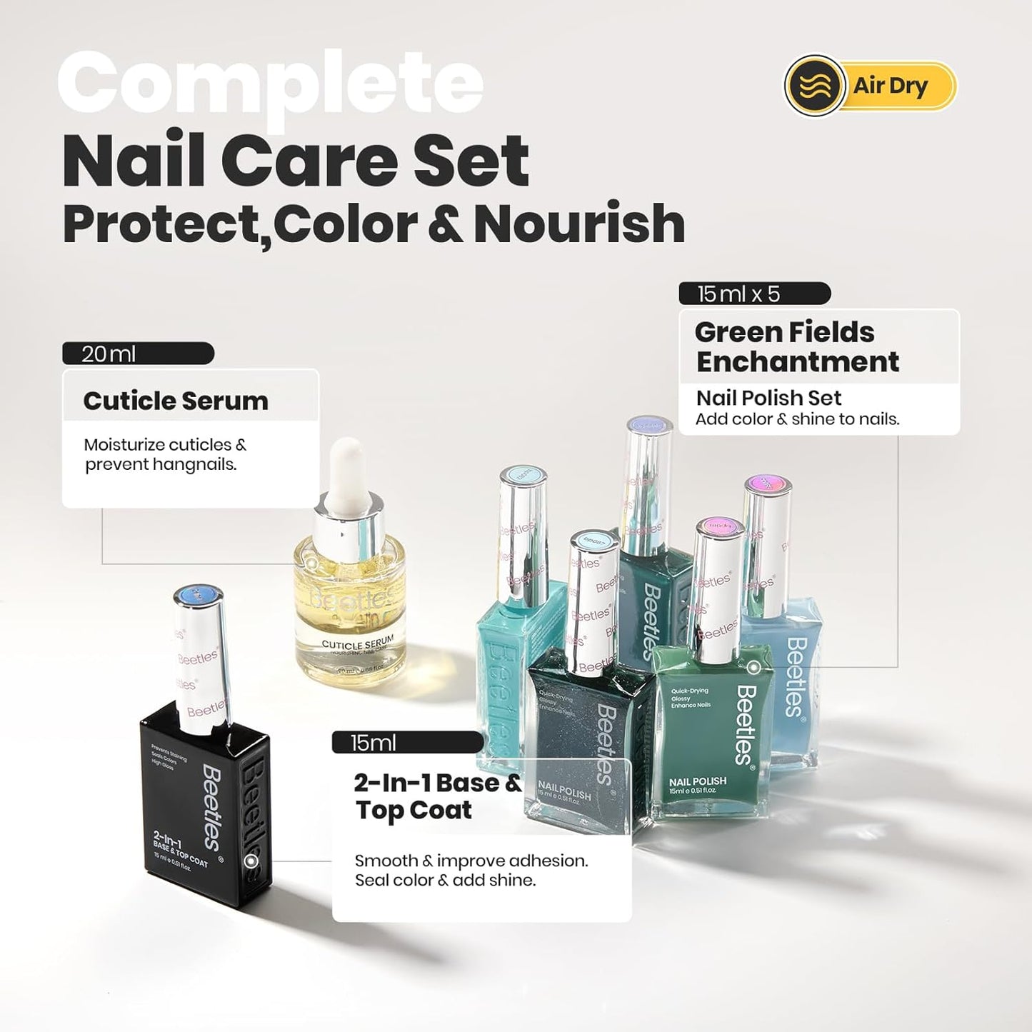 Beetles Green Nail Polish Set, 7 Pcs 5 Colors Light Green Blue Fingernail Polish, Cuticle Oil with 2IN1 Base&Top Coat Long Lasting Quick Dry Nail Polish Gfit Sets For Women