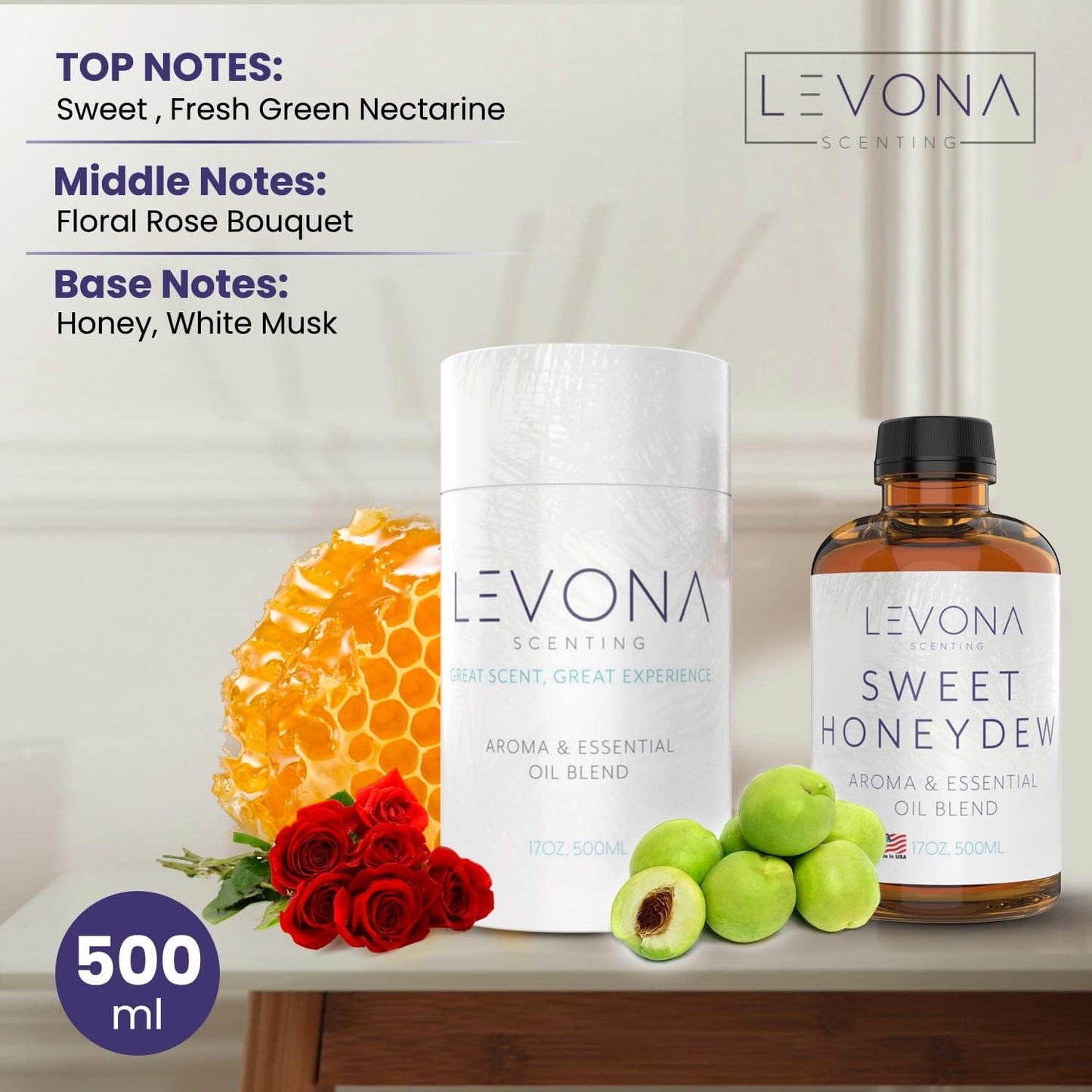 Levona Scent Oil Diffuser Essential Oils: Essential Oils Home Luxury Scents - Sweet Honeydew Essential Oil - Sweet & Fresh Notes of Nectarine and Floral Rose Essential Oil - 500 Ml Fragrance Oils