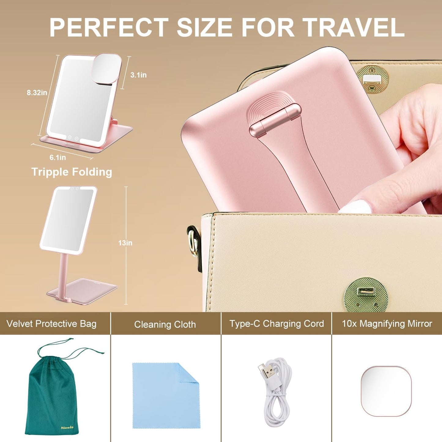 Mocado Travel Makeup Mirror with Light, Tripple Folding Vanity Mirror with Lights, 3 Colors Lighted Makeup Mirror, 1500mAh Rechargeable, Memory Function, Freely Adjust Height and Angle(Rose Gold)