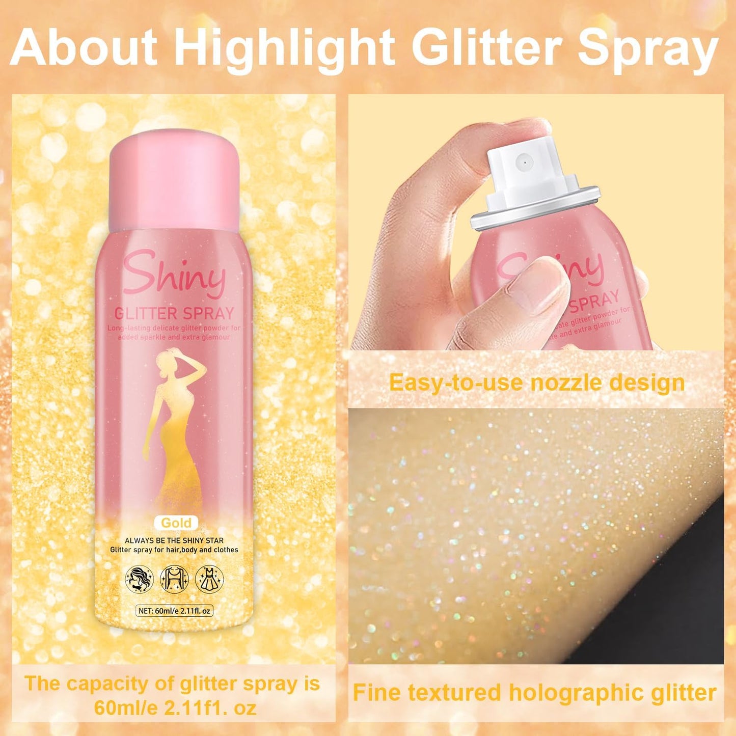 Hair and Body Glitter Spray, Holographic Glitter Highlighter Powder, Hairspray for Clothes, Face Body Shiny Glitter, Loose Shimmer Hairspray Festival Rave Prom Accessories, 2.11 Fl Oz(Gold)