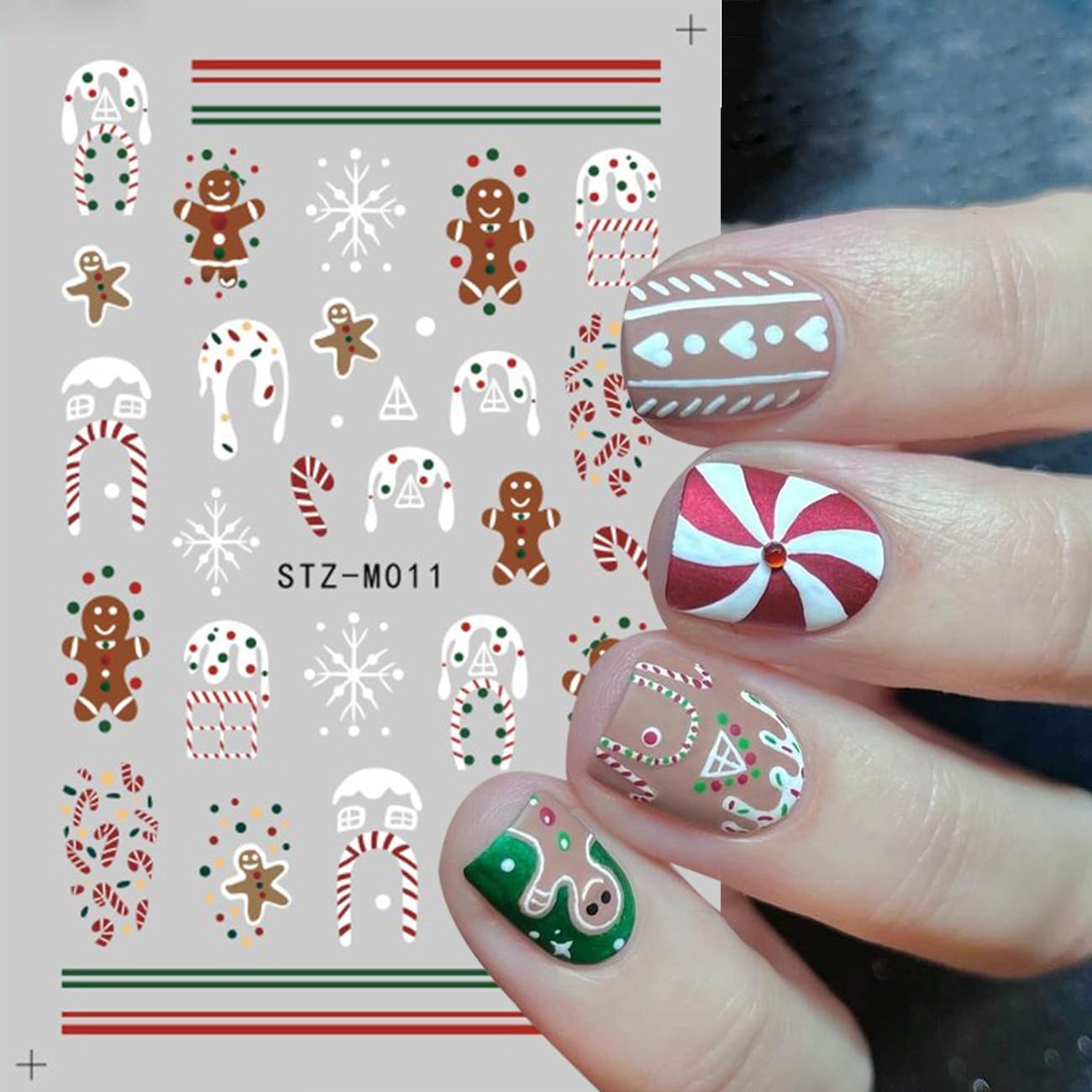 Christmas Nail Stickers,Cartoon Xmas with Cute Gingerbread Man Snowflake Candy Crutch Snowflake Gift Bow Elk French Glitter Design Self-Adhesive Decals for Nails Winter Manicure Decoration 6Sheets