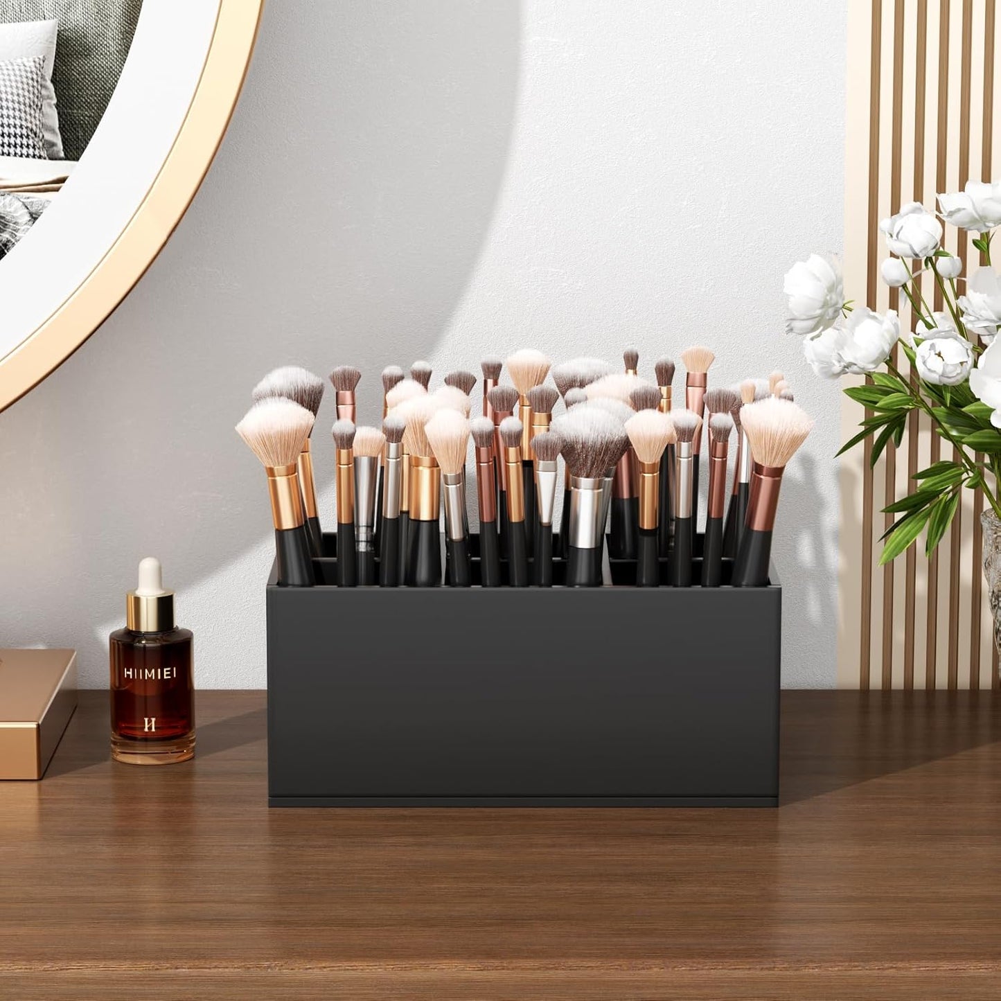 HIIMIEI Black Makeup Brush Holder Organizer Acrylic 6-Slots Cosmetic Brushes Storage Organizer for Vanity Countertop